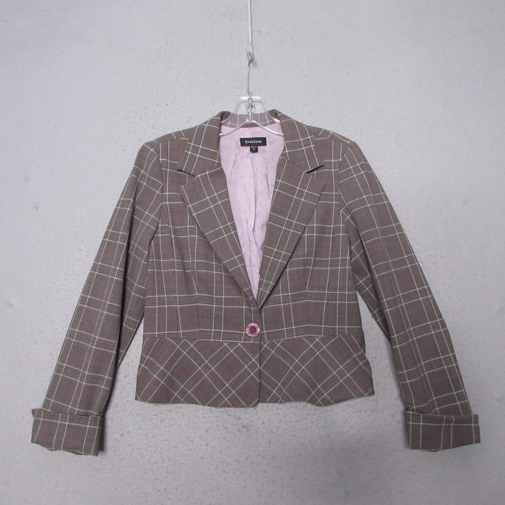 Vintage bebe Blazer Brown Pink Plaid Peplum Clueless Bratz Y2K Crop Preppy USA